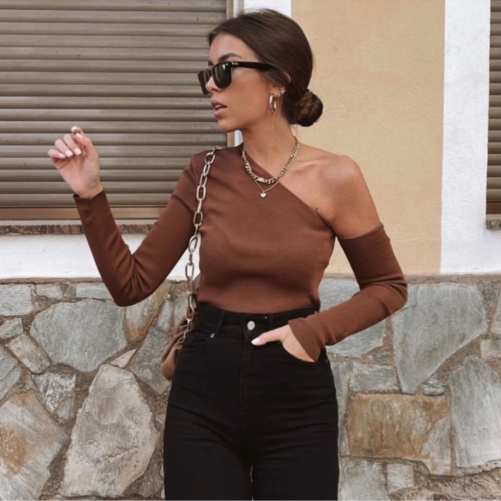 Brown one shoulder long sleeve Zara top
